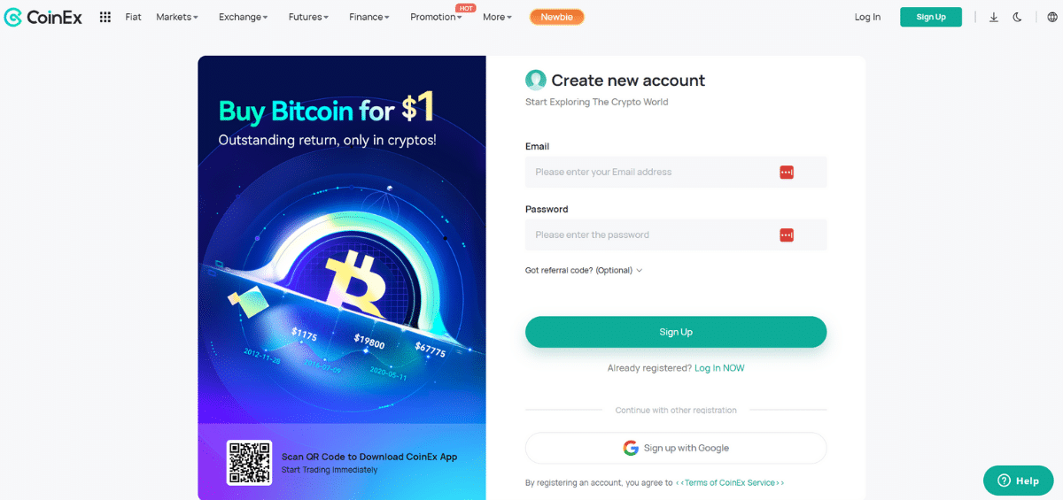 Opening an Account with CoinEx