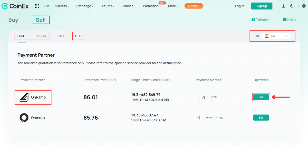 Selling USDT on Coinex via OnRamp Payment Partner